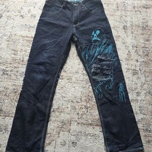 Men's Straight Dark Denim Jeans with Teal Graphic Detail